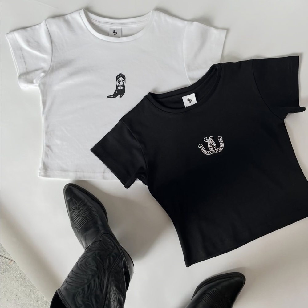 Cowboy Boot Baby Tee in White Sz S/M